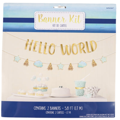 Afbeelding laden in galerijviewer, Amscan letterslinger baby boy hello world blauw goudkleurig 170 cm | 12 stuks