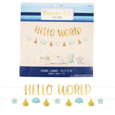 Afbeelding laden in galerijviewer, Amscan letterslinger baby boy hello world blauw goudkleurig 170 cm | 12 stuks