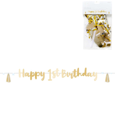 Afbeelding laden in galerijviewer, Amscan letterslinger happy 1st birthday goudkleurig 1,8 m | 24 stuks