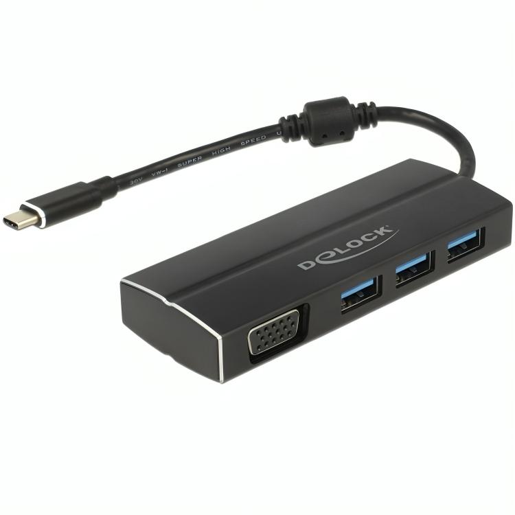 Afbeelding laden in galerijviewer, Delock usb-c 3.1 > 3x usb-a 3.0 + 1x vga usb-hub (zwart, 0,15 meter)