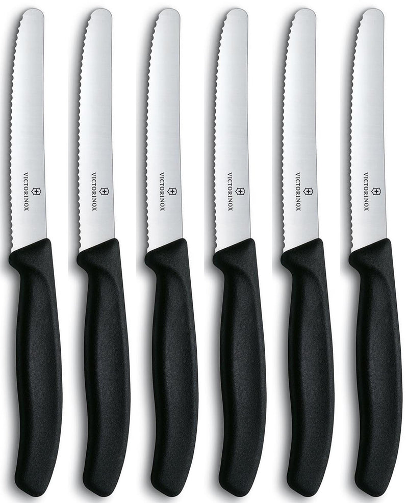 Afbeelding laden in galerijviewer, Victorinox tafel- tomatenmessen gekarteld zwart lemmet doos a 6 stuks