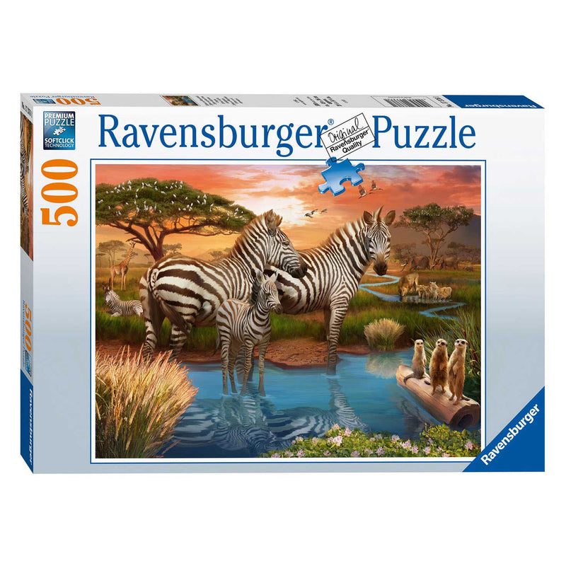 Afbeelding laden in galerijviewer, Ravensburger Puzzel Zebra's bij de Drinkplaats, 500st.