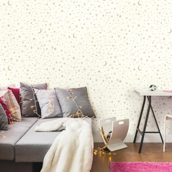 Afbeelding laden in galerijviewer, Roommates Zelfklevend behang Twinkle stars 52 x 500 cm wit goud