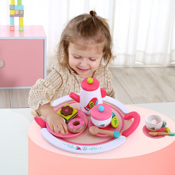 Afbeelding laden in galerijviewer, Tooky toy Houten Theeservies Wit Roze 19-delig