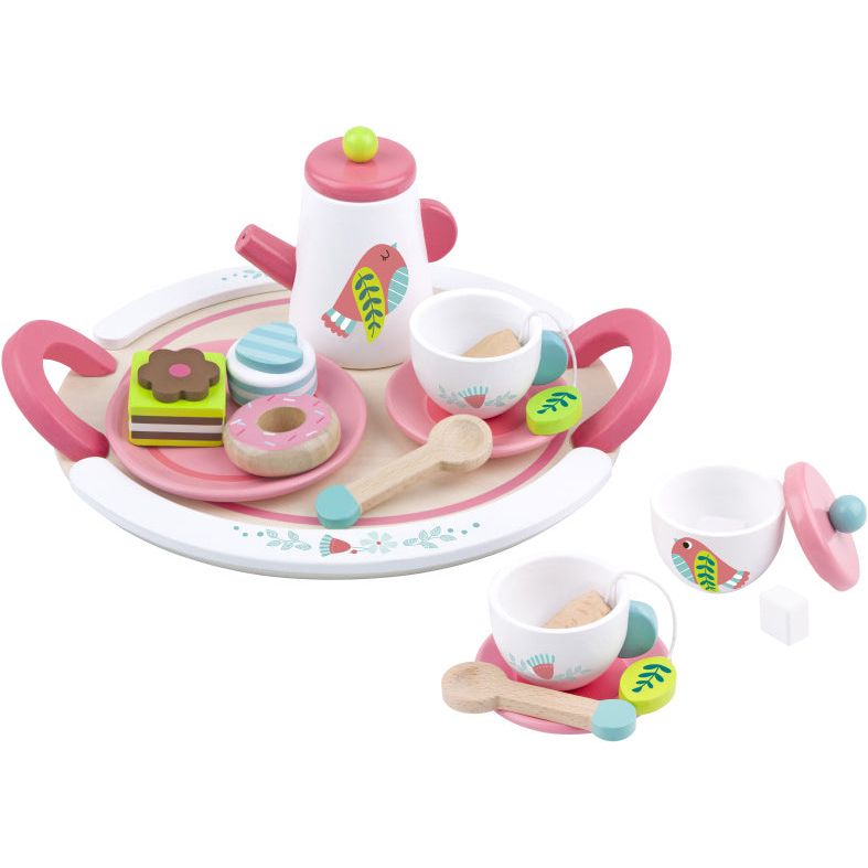 Afbeelding laden in galerijviewer, Tooky toy Houten Theeservies Wit Roze 19-delig