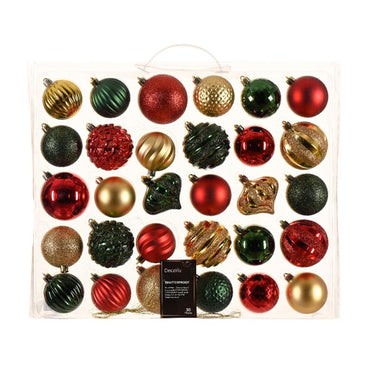 Decoris kerstballen kunststof in box a 30 stuks| in de kleuren rood-groen-goud in verschillende maten en vormen.