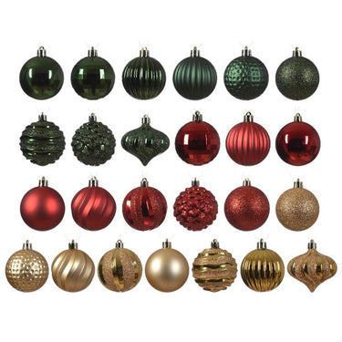 Decoris kerstballen kunststof in box a 30 stuks| in de kleuren rood-groen-goud in verschillende maten en vormen.