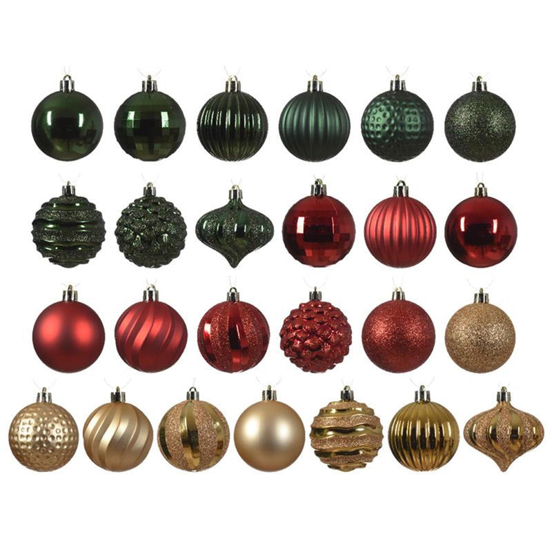 Afbeelding laden in galerijviewer, Decoris kerstballen kunststof in box a 30 stuks| in de kleuren rood-groen-goud in verschillende maten en vormen.
