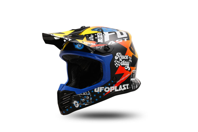 Afbeelding laden in galerijviewer, Ufo plast kinder crosshelm korey , uitneembaar helmet ufo plst korey m blue yellow
