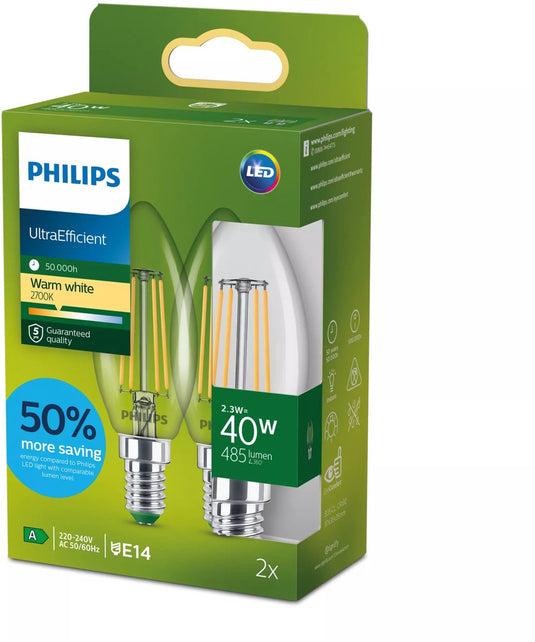 Philips led philips ultra efficient led kaarslamp transparant - 40 w - e27 - warmwit licht