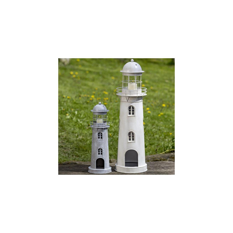 Afbeelding laden in galerijviewer, Boltze home lantaarn vuurtoren grijs-wit glas metaal set 2-delig h54-75cm
