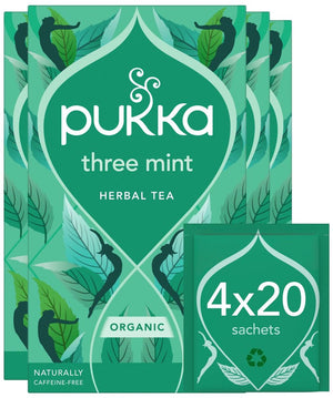 Pukka tea three mint - 80 theezakjes - biologische kruidenthee - 4 x 20 zakjes - thee voordeelverpakking