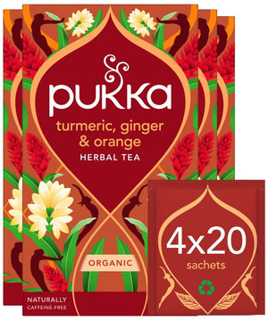 Pukka tea turmeric, ginger orange - 80 theezakjes - biologische kruidenthee - kurkuma gember - 4 x 20 zakjes - thee voordeelverpakking