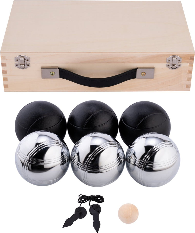 Afbeelding laden in galerijviewer, Engelhart metalen jeu de boules - 6 ballen in houten kist - zwart grijs - luxe set - pétanque - boules - metalen ballen - geschikt voor elke jeu de boules baan - longfield
