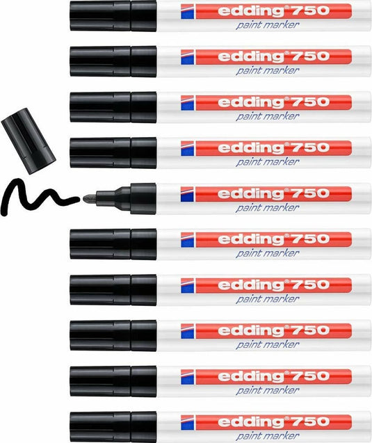 Edding 750 lakmarker - zwart - ronde punt 2-4 mm - doosje van 10 stuks - verfstift voor markeren en labelen van metaal, glass, steen of plastic - hittebestendig, permanent, veegvast en watervast