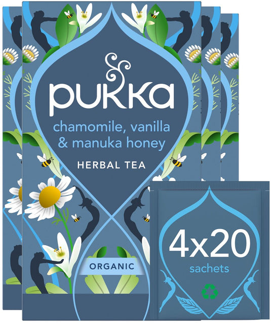 Pukka tea chamomile vanilla manuka honey - 80 theezakjes - biologische kruidenthee - kamille thee - 4 x 20 zakjes - thee voordeelverpakking
