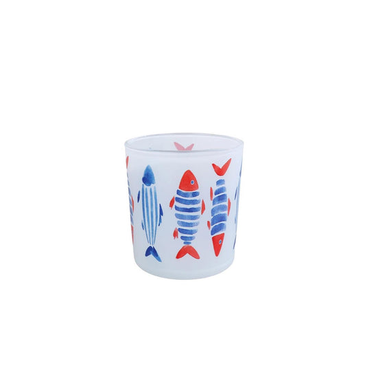 Theelichthouder fish s blauw rood glas 7,5x7,5x8cm