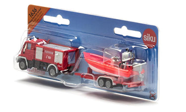 Siku 1636, brandweer unimog met boot, 1:87, metaal kunststof, rood, drijvende boot