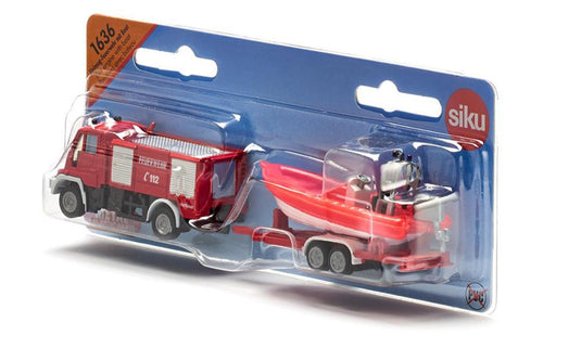 Siku 1636, brandweer unimog met boot, 1:87, metaal kunststof, rood, drijvende boot