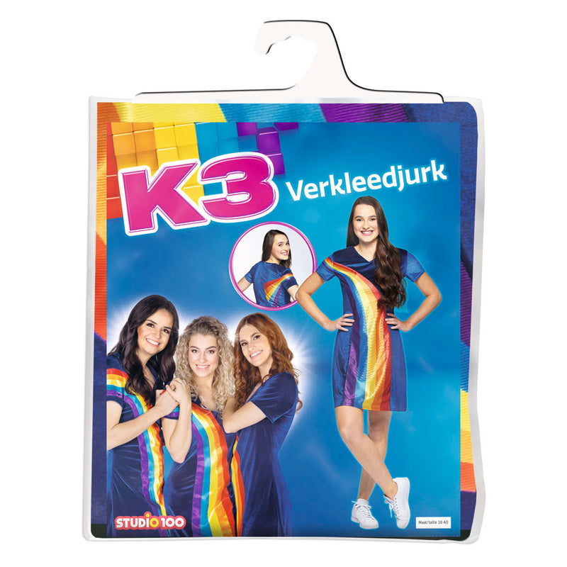 Afbeelding laden in galerijviewer, K3 verkleedkleding - jurkje volwassenen regenboog blauw - maat 38 40
