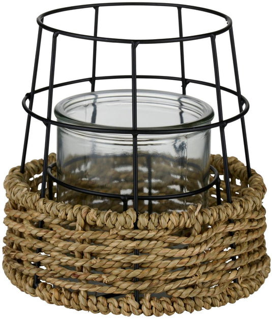 Arti casa kandelaar - windlicht met touw - kaarsenhouder voor binnen en buiten - 17 x 16,5 cm - naturel zwart