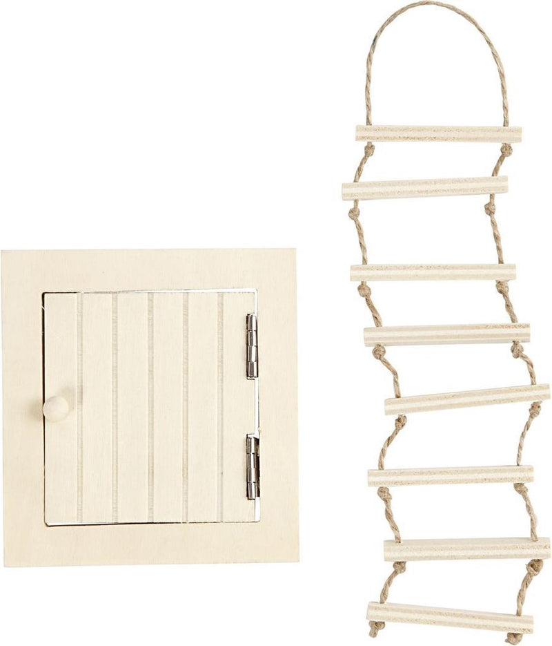 Afbeelding laden in galerijviewer, Creativ company mini houten zolderluik en touwladder
