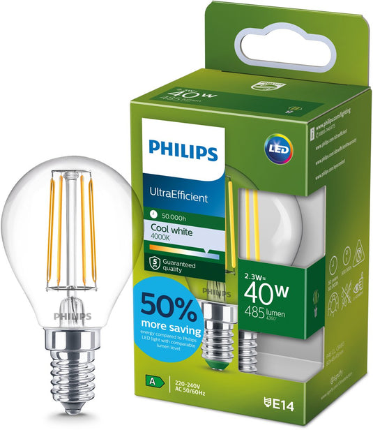 Philips led philips ultra efficient led kogellamp transparant - 40 w - e14 - koelwit licht - energielabel a
