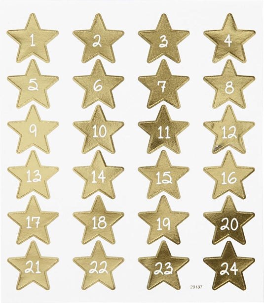 Creativ company advent stickers - gouden sterren met cijfers 1-24 - diy decoratie voor kaarten en kerst - afmetingen 15x16,5cm - 24 stickers - 1 vel
