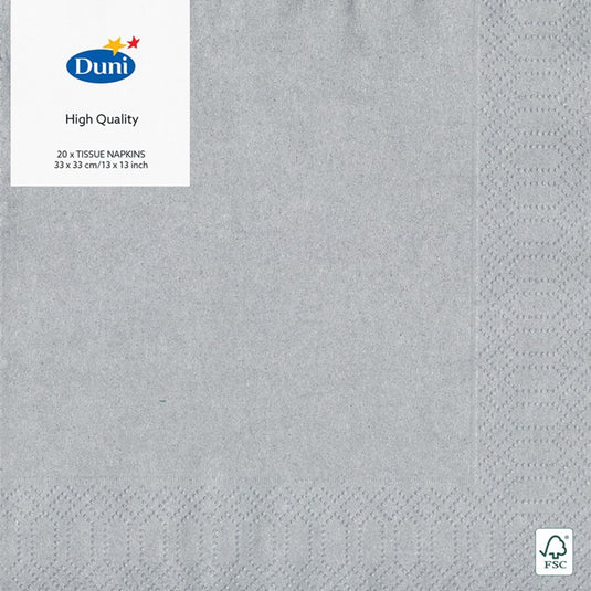 Duni servetten zilver 33x33 cm 3-laags tissue fsc pak a 20 servetten
