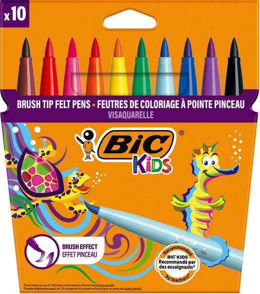 Bic kids visaquarelle - viltstiften - stiften voor kinderen - kleurstiften met flexibele penseelpunt - 10 stuks