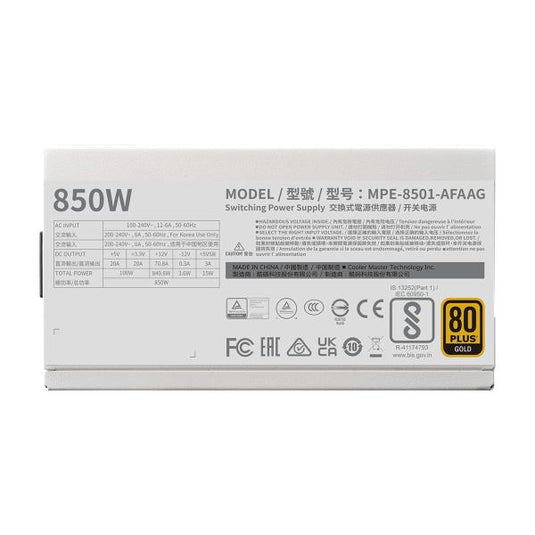 Cooler master mpe-8501-afaag-3g mwe gold v2 eu, 850w, atx3.0, 12vhpwr, =90%, 120mm, white