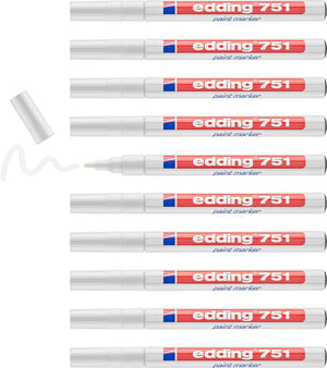 Edding 751 lakmarker wit - hittebestendig tot 1000 °c - ronde punt 1-2 mm - doosje van 10 stuks - verfstift voor markeren en labelen van metaal, glass, steen of plastic - permanent, veegvast en watervast