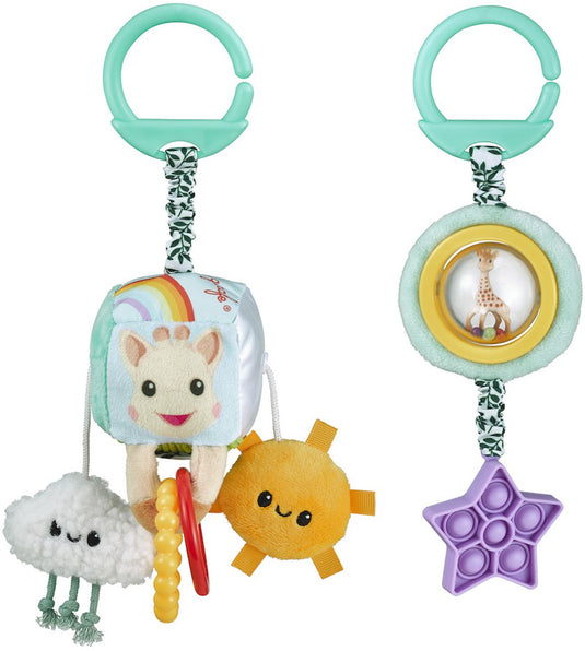 Sophie la girafe sophie de giraf set van 2 activiteitenspeeltjes – zintuiglijke hangspeeltjes met spiegel, trekspeeltje, getextureerde ringen sensorische pop‑it ster – baby ontwikkeling motoriek speelset - vanaf 0 maanden