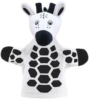 The puppet company handpop giraffe zwart-wit voor baby's en peuters.