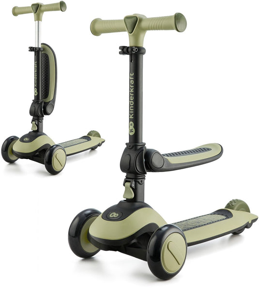Kinderkraft halley 2-in-1 loopfiets en driewieler step - voor kinderen van 1-5 jaar, max 50 kg - verstelbaar zadel en stuur, opvouwbaar, led wielen - groen
