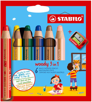 Stabilo woody 3 in 1 - multi talent kleurpotloden - etui met 6 kleuren + puntenslijper