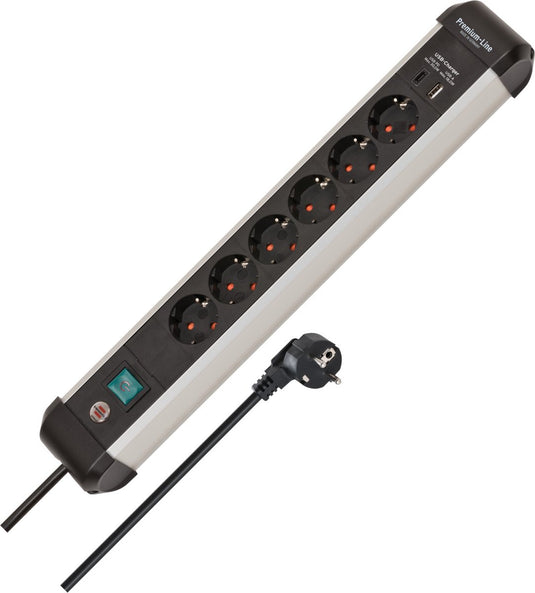 Brennenstuhl premium-alu-line stekkerdoos 6-voudig met usb c pd 30w en usb a 18w gemaakt van hoogwaardig aluminium (made in germany, verdeeldoos met 3m kabel en schakelaar, stekkerblok voor wandmontage)