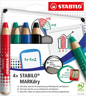 Stabilo markdry etui - whitboard- en flipover marker - etui met 4 klassieke kleuren - met puntenslijper en uitveegdoek