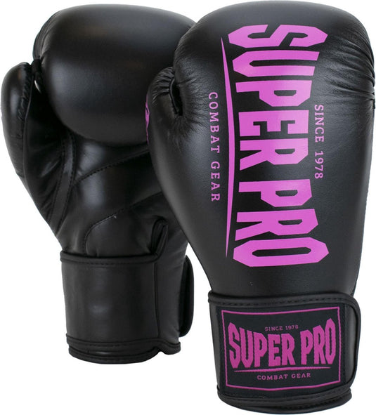 Super pro combat gear champ (kick)bokshandschoenen zwart roze 14oz