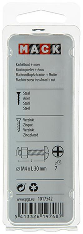 Afbeelding laden in galerijviewer, Mack 1017542 - kachelbout + moer staal verzinkt 16 st m4 x 30 mm | 10 stuks
