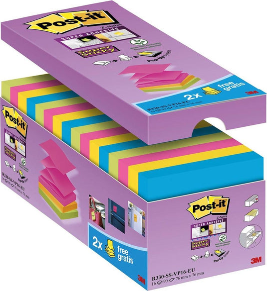 Super sticky notes post-it r330ssvp16eu 76x76mm assorti pak 16 stuks