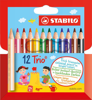 Stabilo trio thick - kort en dik driekantig kleurpotlood - met extra dikke kern 4,2 mm - etui met 12 kleuren