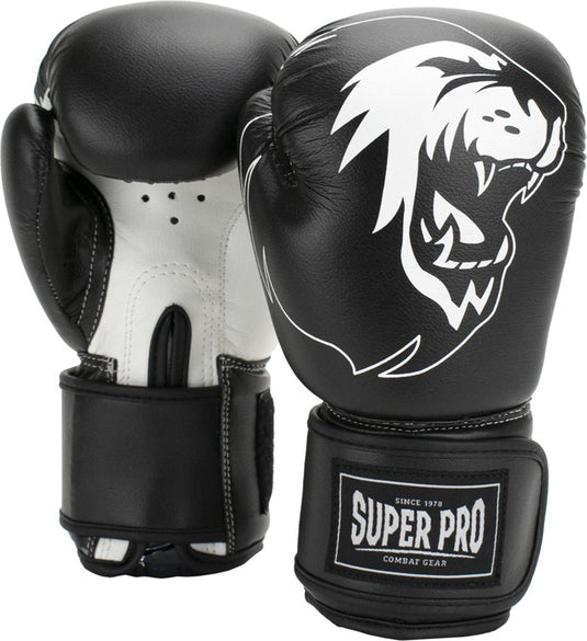 Super pro combat gear talent (kick)bokshandschoenen zwart wit 6oz