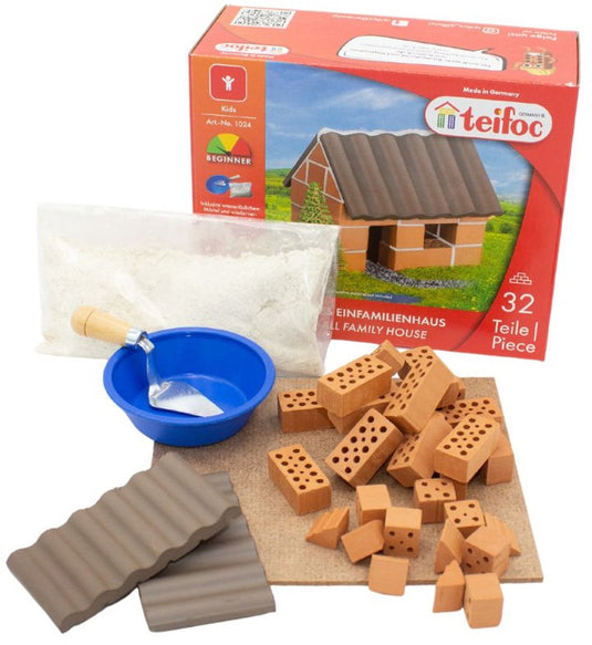 Teifoc ® bouwdoos – klein huisje bouwset – 35 onderdelen – echte mini bakstenen met cement, kom en troffel – bouwpakket voor kinderen vanaf 6 jaar