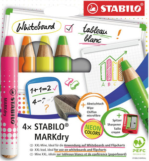Stabilo markdry etui - whiteboard- en flipover marker - etui met 4 neon kleuren - met puntenslijper en uitveegdoek