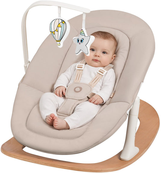Lionelo celia rocker - wipstoel baby - houten - 2 rugstanden - 5-puntsgordel - speelboog met 2 speeltjes - wood - bouncer swing