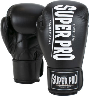 Super pro combat gear champ (kick)bokshandschoenen zwart wit 14oz