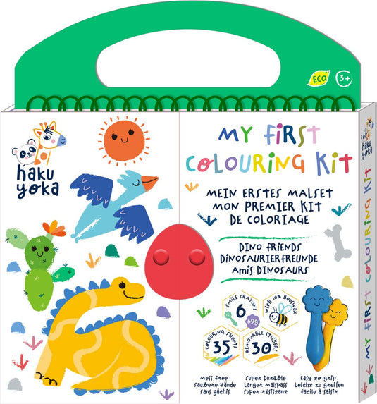 Haku yoka : mijn eerste kleurkit dinovrienden 20,5x24x2cm, bevat 6 waskrijtjes met lachend gezichtje, 35 kleurvellen en afneembare stickers, bevat 10% bijenwas, 3+
