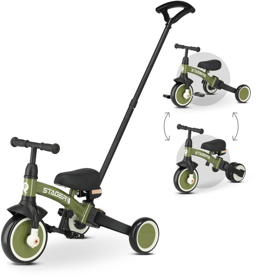 Qplay stager driewieler met duwstang - peuterfiets 3-in-1 opvouwbaar - groen