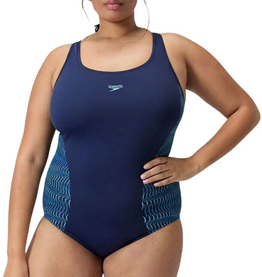 Speedo plus size placement medalist 1 piece dames sportbadpak - badpak dames grote maten - vormvast zwempak dames - sportbadpak dames met medalist-rug - marine blauw - 52